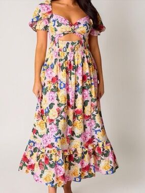 Buddy Love Ross Maxi Dress Monet Rose Floral Midriff Cutout Size M Derby Dress